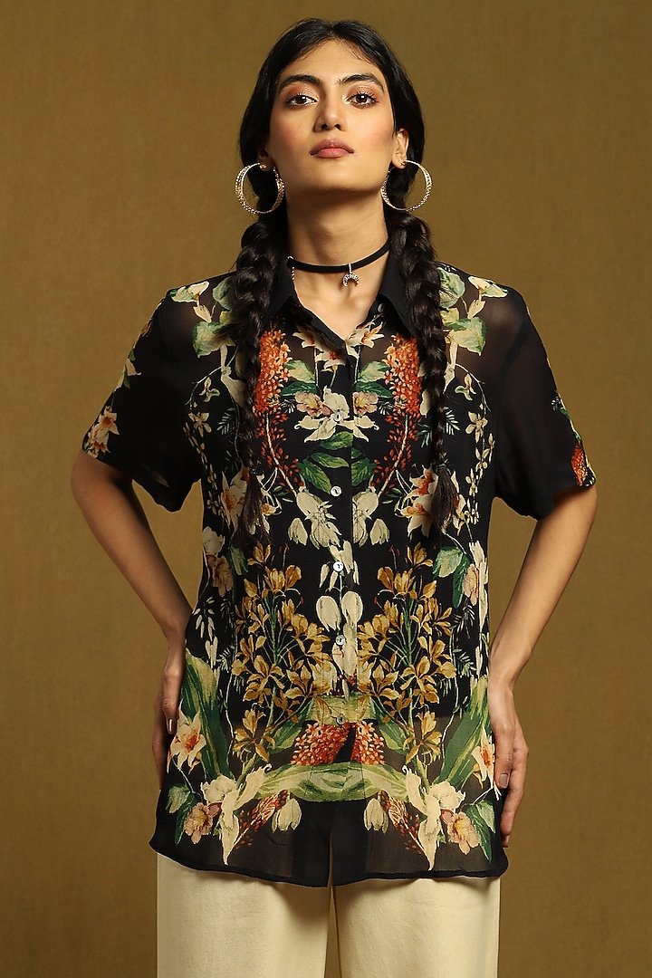 Black Blended Fabric Printed Shirt by Ritu Kumar at Pernia's Pop Up Shop