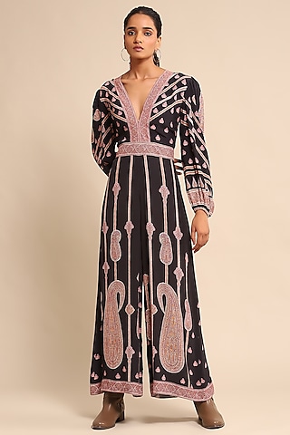 Black Crepe Printed Jumpsuit by Ritu Kumar