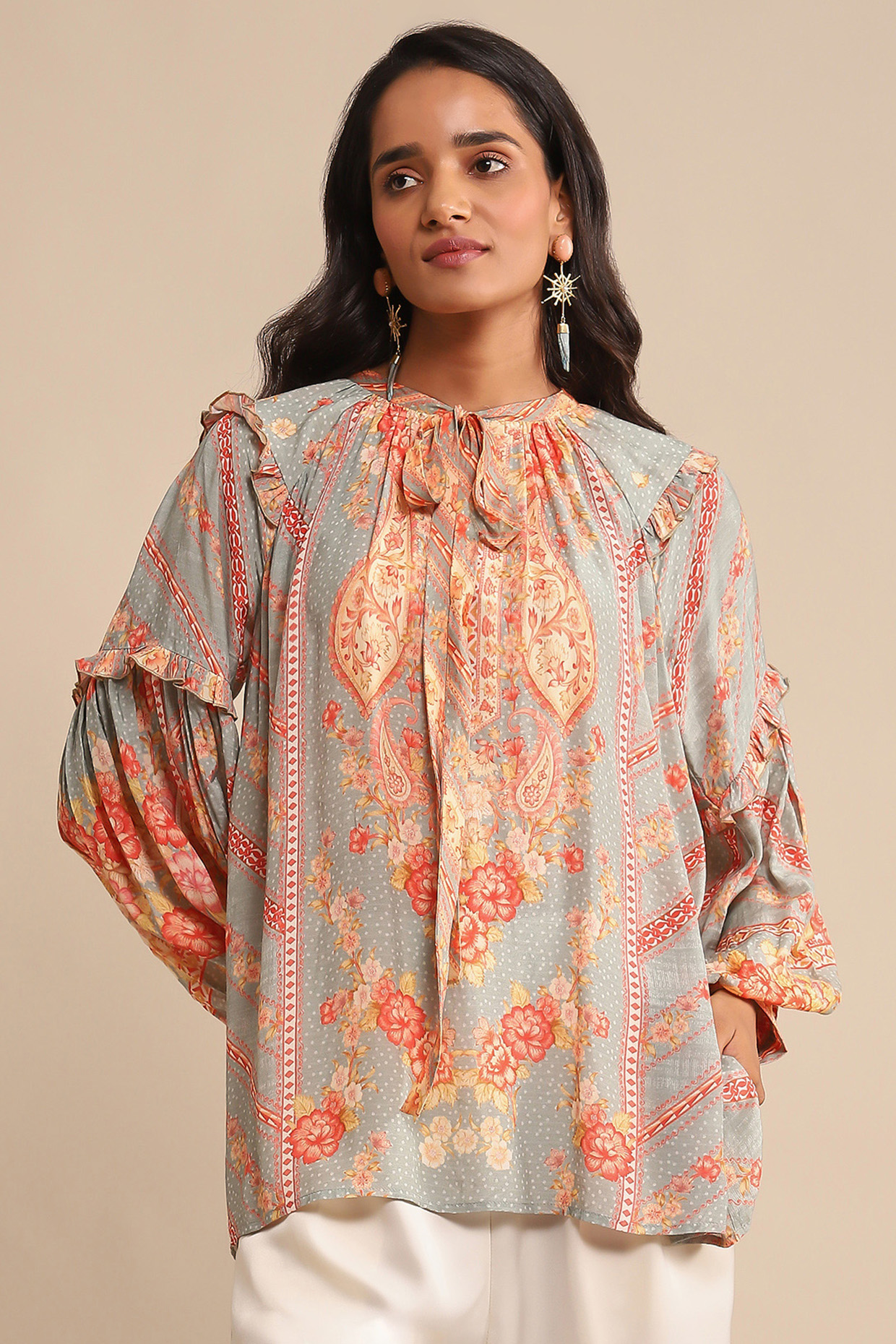 Light Pista Green Viscose Floral Printed Top by Ritu Kumar at Pernia's Pop Up Shop