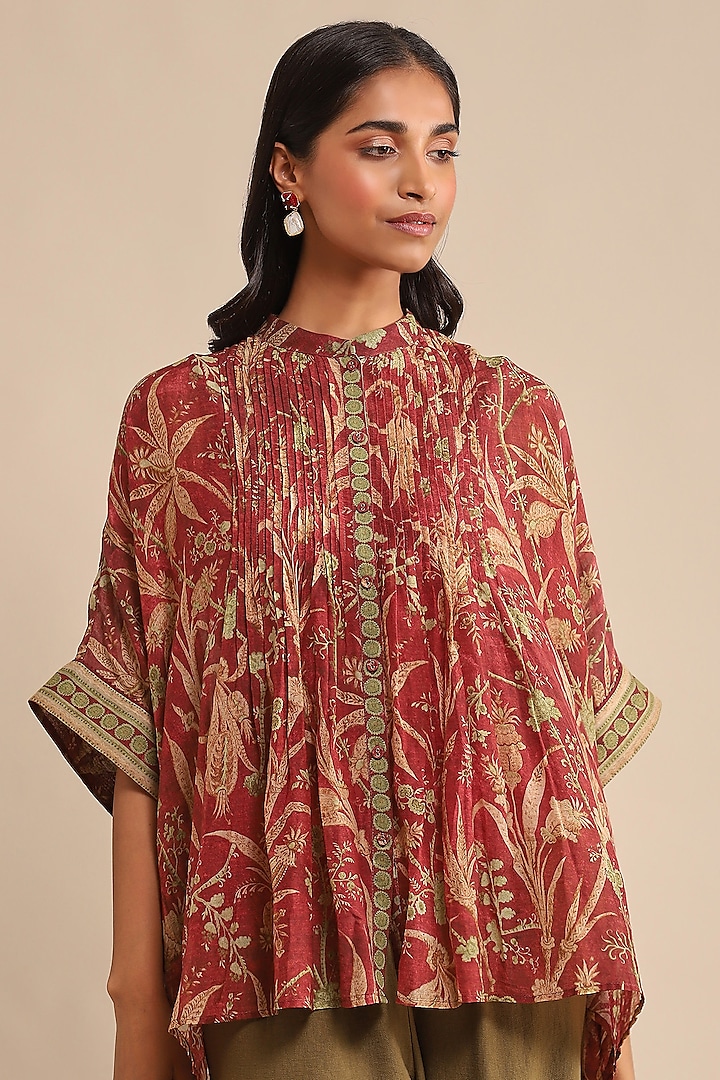 Wine Chanderi Printed Top by Ritu Kumar at Pernia's Pop Up Shop