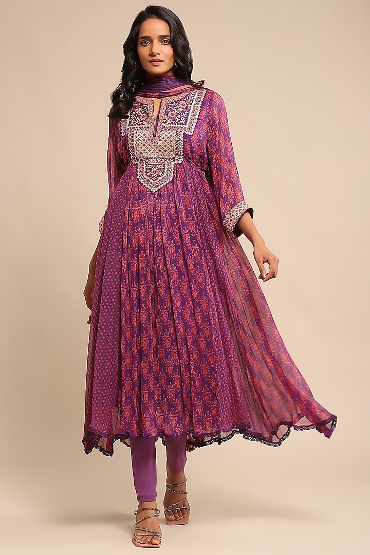 Purple Viscose Printed & Embroidered Kurta Set by Ritu Kumar