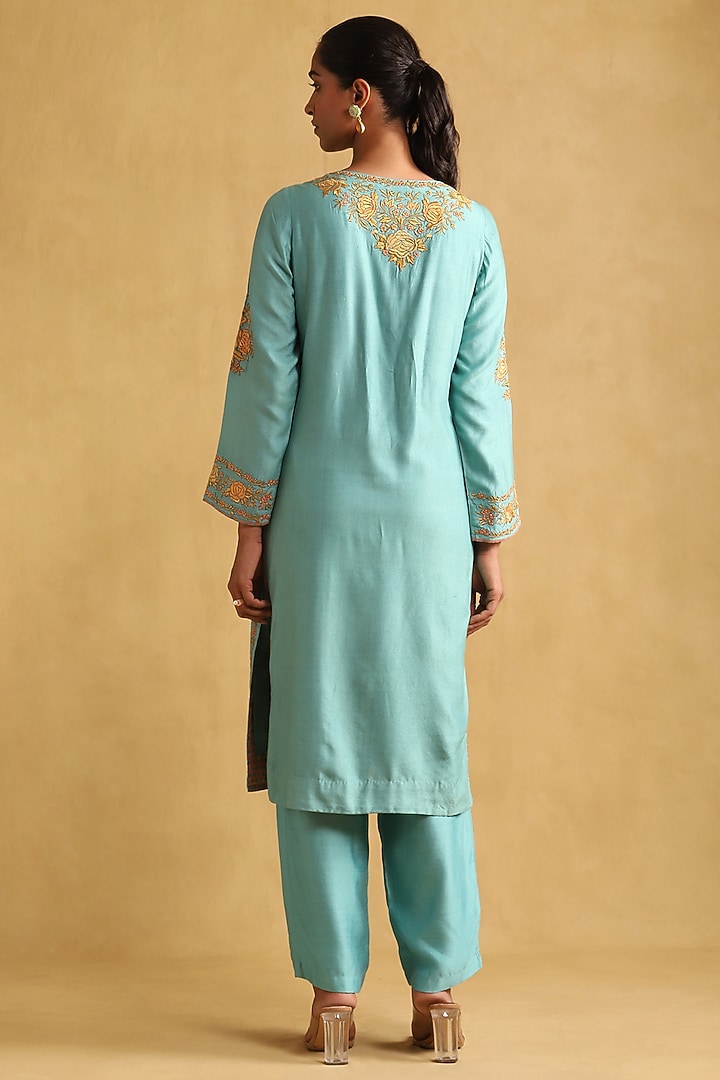 Turquoise Tussar Silk Embroidered Kurta Set by Ritu Kumar at Pernia's Pop Up Shop