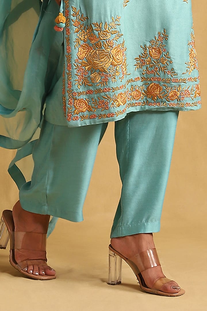 Turquoise Tussar Silk Embroidered Kurta Set by Ritu Kumar at Pernia's Pop Up Shop