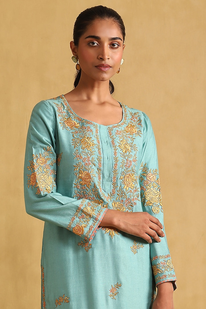 Turquoise Tussar Silk Embroidered Kurta Set by Ritu Kumar at Pernia's Pop Up Shop
