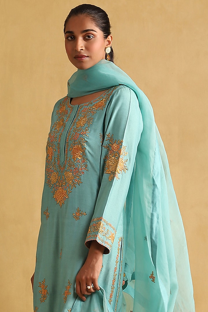 Turquoise Tussar Silk Embroidered Kurta Set by Ritu Kumar at Pernia's Pop Up Shop