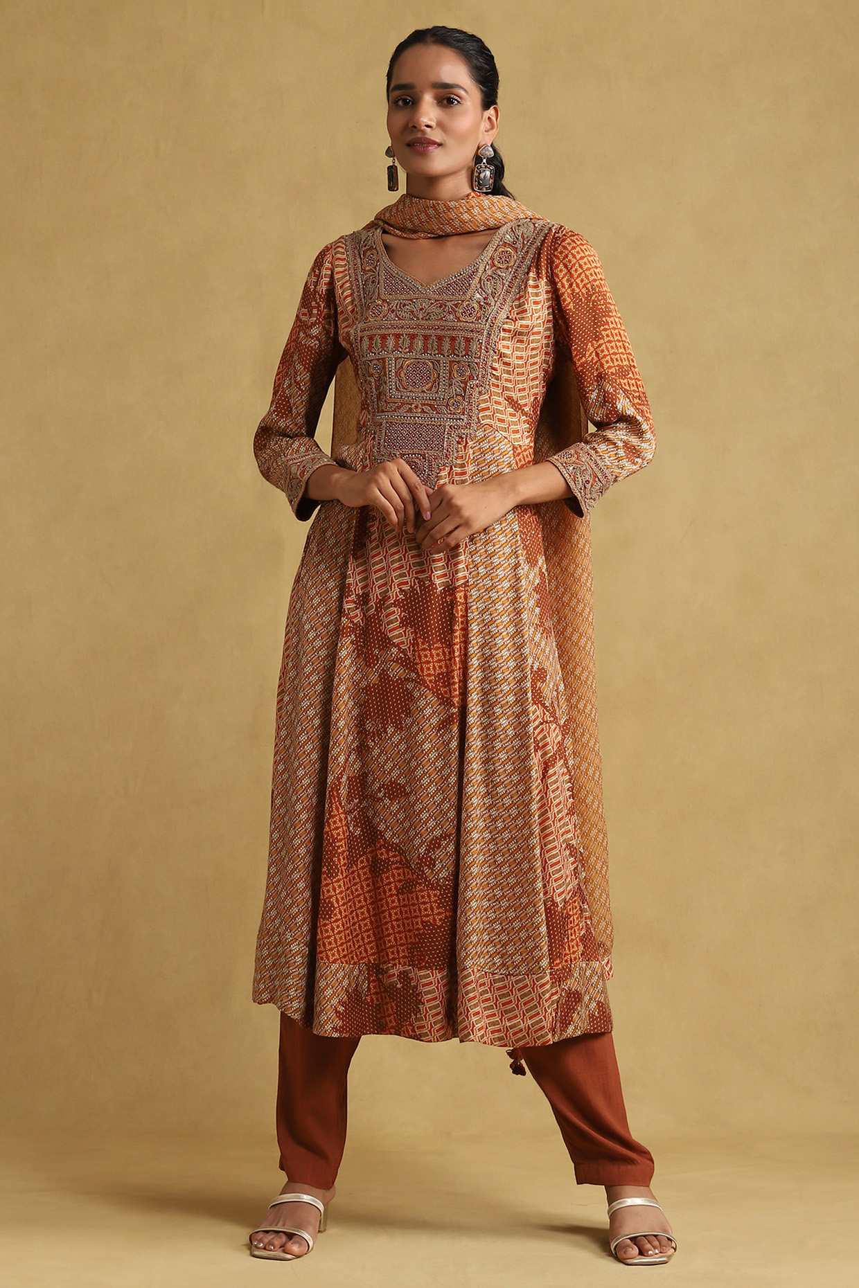 Rust Viscose Printed & Embroidered Kurta Set by Ritu Kumar at Pernia's Pop Up Shop
