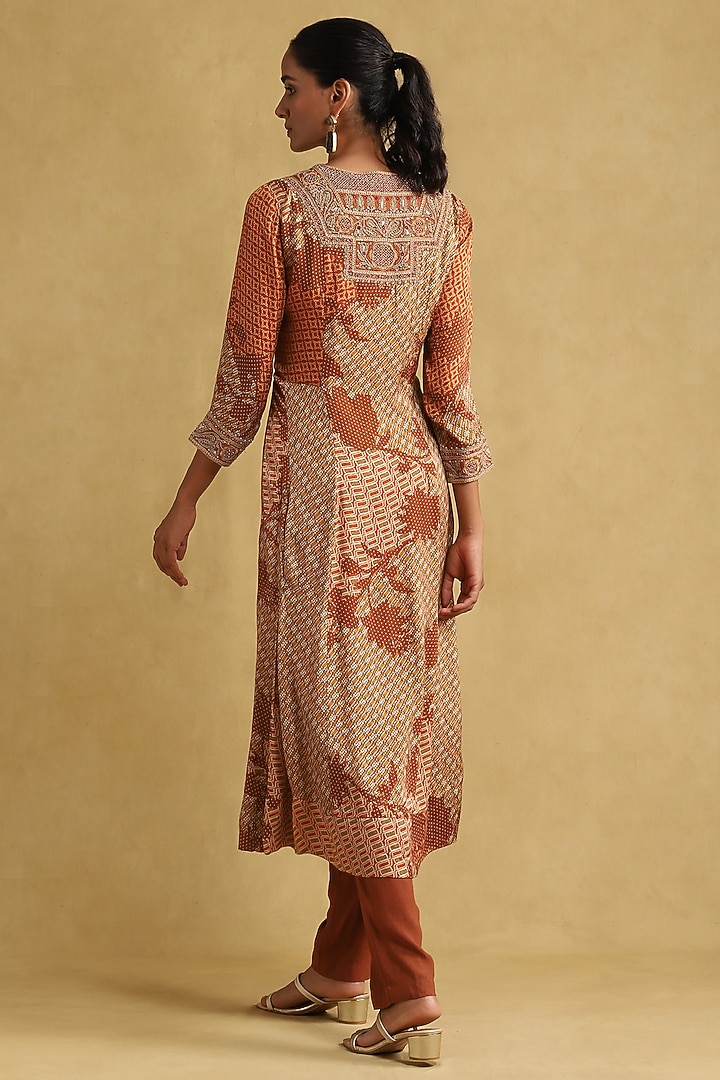 Rust Viscose Printed & Embroidered Kurta Set by Ritu Kumar at Pernia's Pop Up Shop