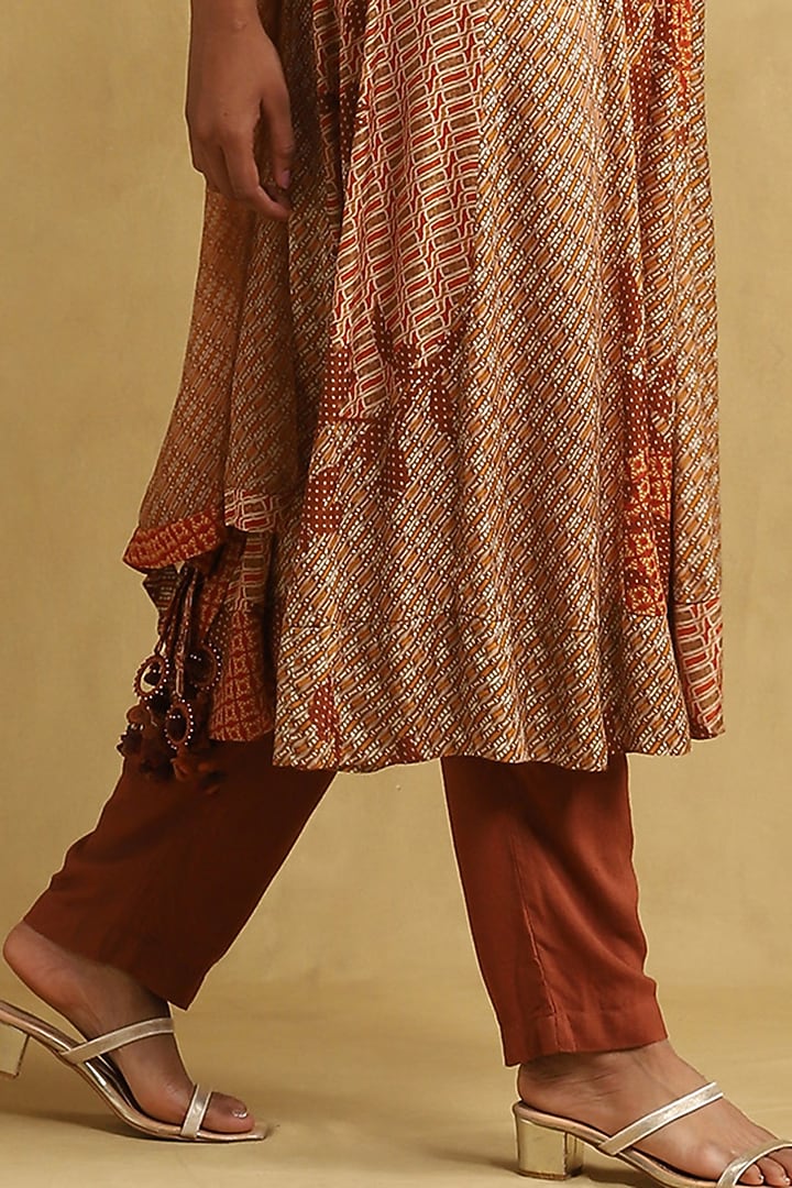 Rust Viscose Printed & Embroidered Kurta Set by Ritu Kumar at Pernia's Pop Up Shop