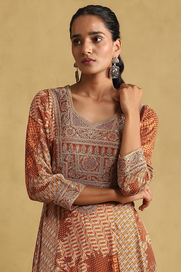 Rust Viscose Printed & Embroidered Kurta Set by Ritu Kumar at Pernia's Pop Up Shop