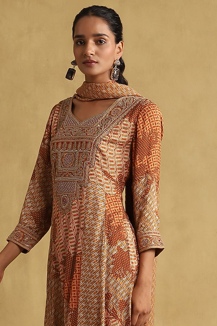 Rust Viscose Printed & Embroidered Kurta Set by Ritu Kumar at Pernia's Pop Up Shop