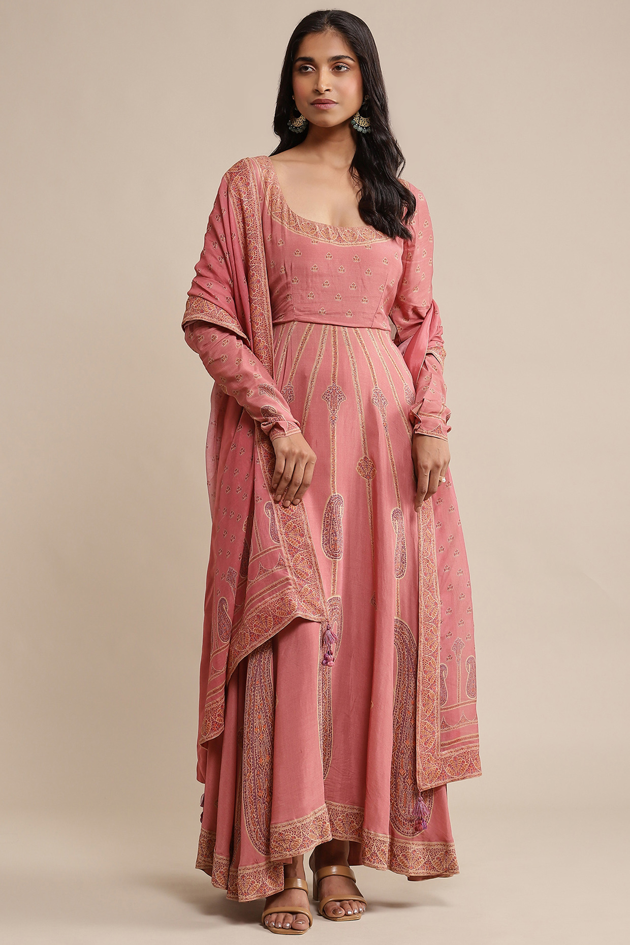 Pink Crepe Printed Party Wear Anarkali Set by Ritu Kumar at Pernia's Pop Up Shop