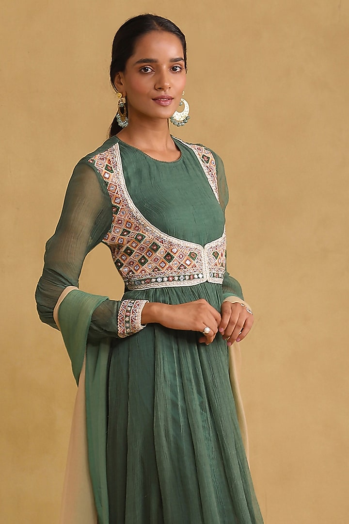 Green Chiffon Embroidered Party Wear Anarkali Set by Ritu Kumar at Pernia's Pop Up Shop