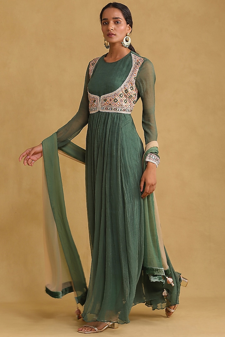 Green Chiffon Embroidered Party Wear Anarkali Set by Ritu Kumar at Pernia's Pop Up Shop