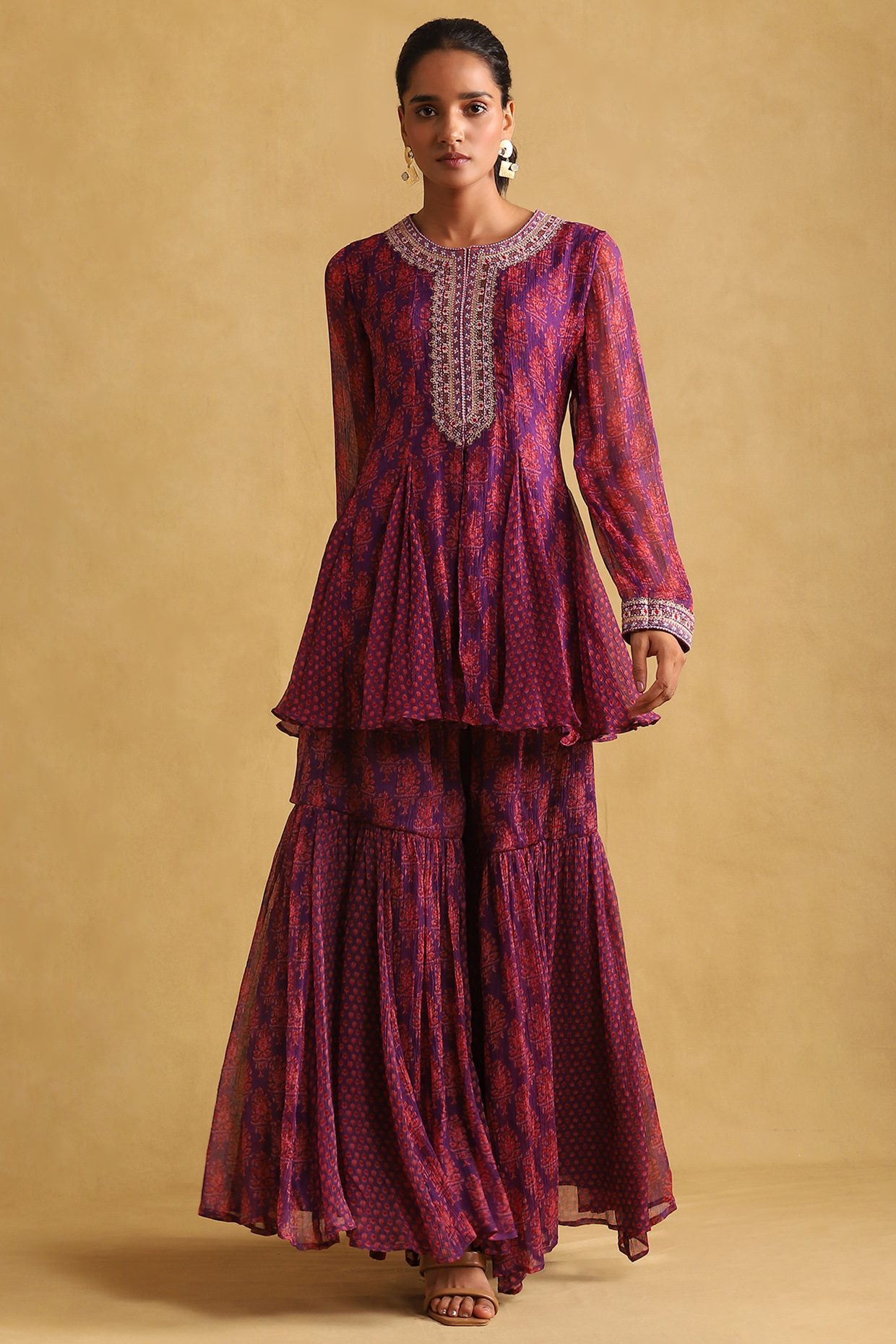 Purple Chiffon Printed Party Wear Sharara Set by Ritu Kumar at Pernia's Pop Up Shop