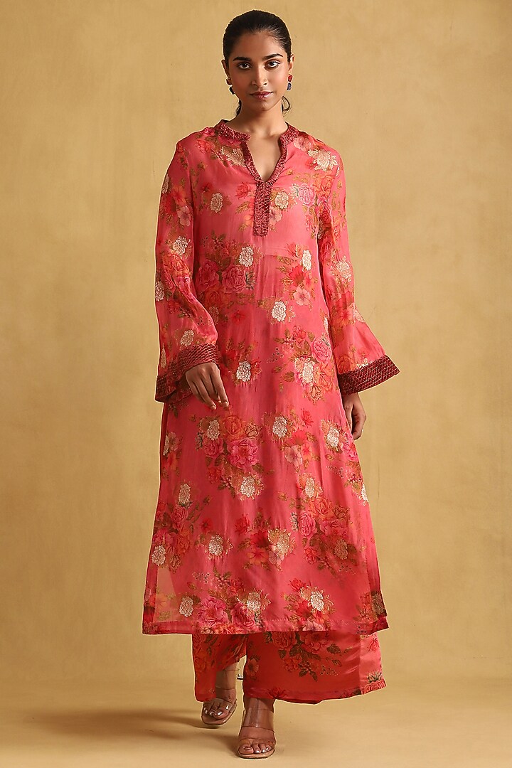 Coral Organza Floral Printed Kurta Set by Ritu Kumar at Pernia's Pop Up Shop
