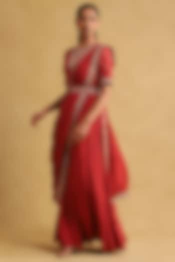 Rust Viscose Linen Embroidered Drape Saree Set by Ritu Kumar
