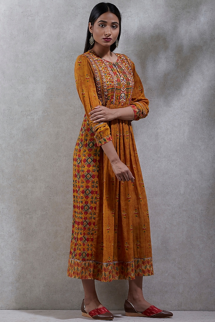 Mustard Yellow Embroidered & Printed Kurta by Ritu Kumar at Pernia's Pop Up Shop