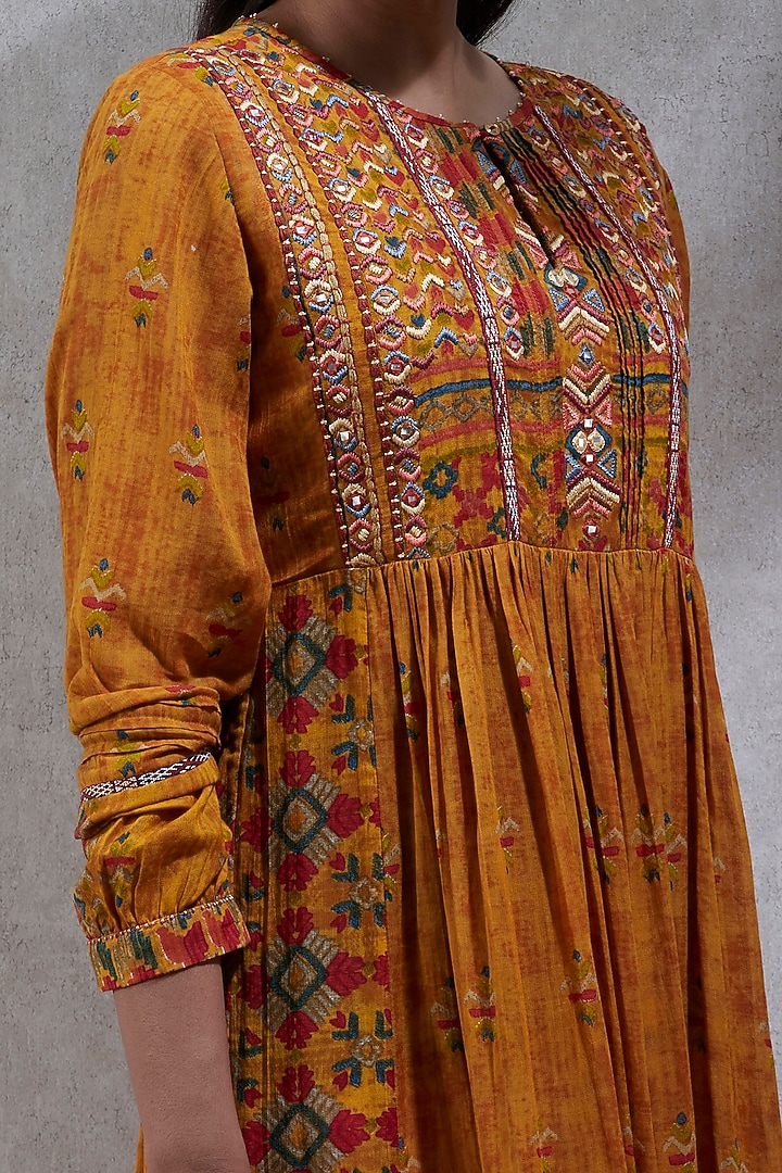 Mustard Yellow Embroidered & Printed Kurta by Ritu Kumar at Pernia's Pop Up Shop