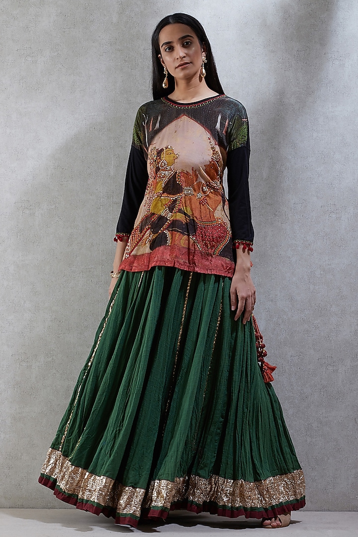 Black Embroidered Top With Green Skirt by Ritu Kumar
