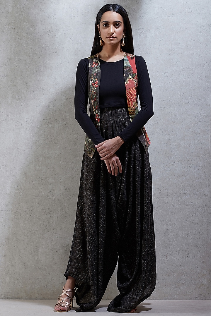 Multi Colored Embroidered Jacket With Black Top & Pants by Ritu Kumar