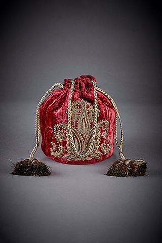 Burgundy Embellished Velvet Potli by Ri Ritu Kumar