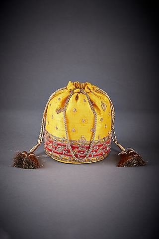 Yellow Raw Silk Printed Potli by Ri Ritu Kumar