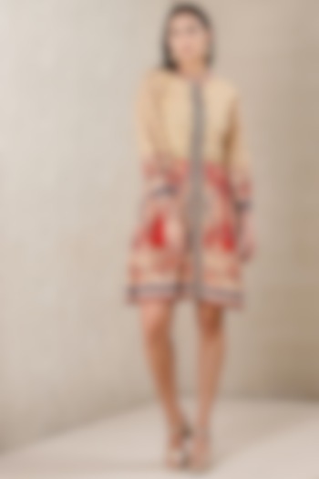 Beige Summer Dress With Red Sabana Floral Print by Ritu Kumar at Pernia's Pop Up Shop