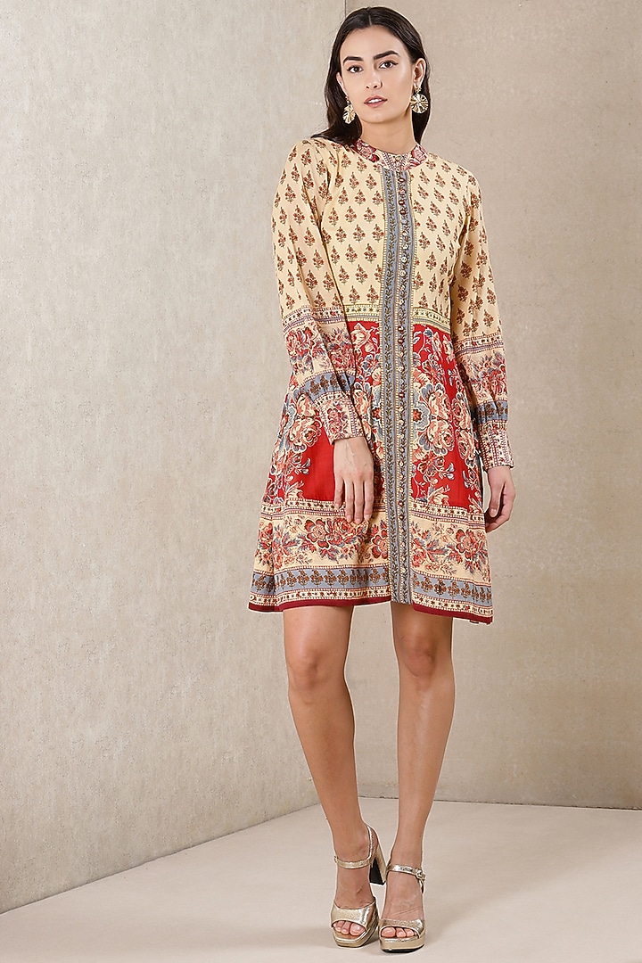 Beige Summer Dress With Red Sabana Floral Print by Ritu Kumar at Pernia's Pop Up Shop