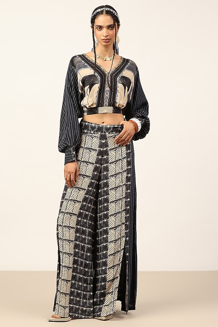 Black & Beige Viscose Printed Palazzo Set by Ritu Kumar at Pernia's Pop Up Shop