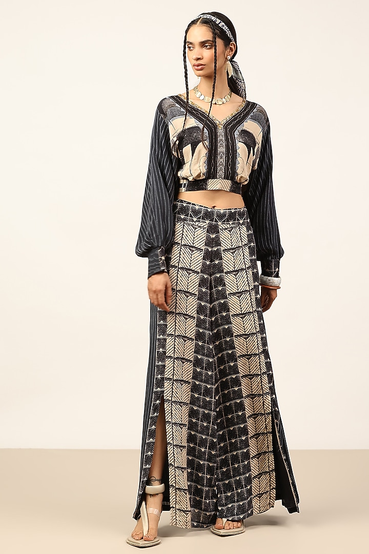 Black & Beige Viscose Printed Palazzo Set by Ritu Kumar at Pernia's Pop Up Shop