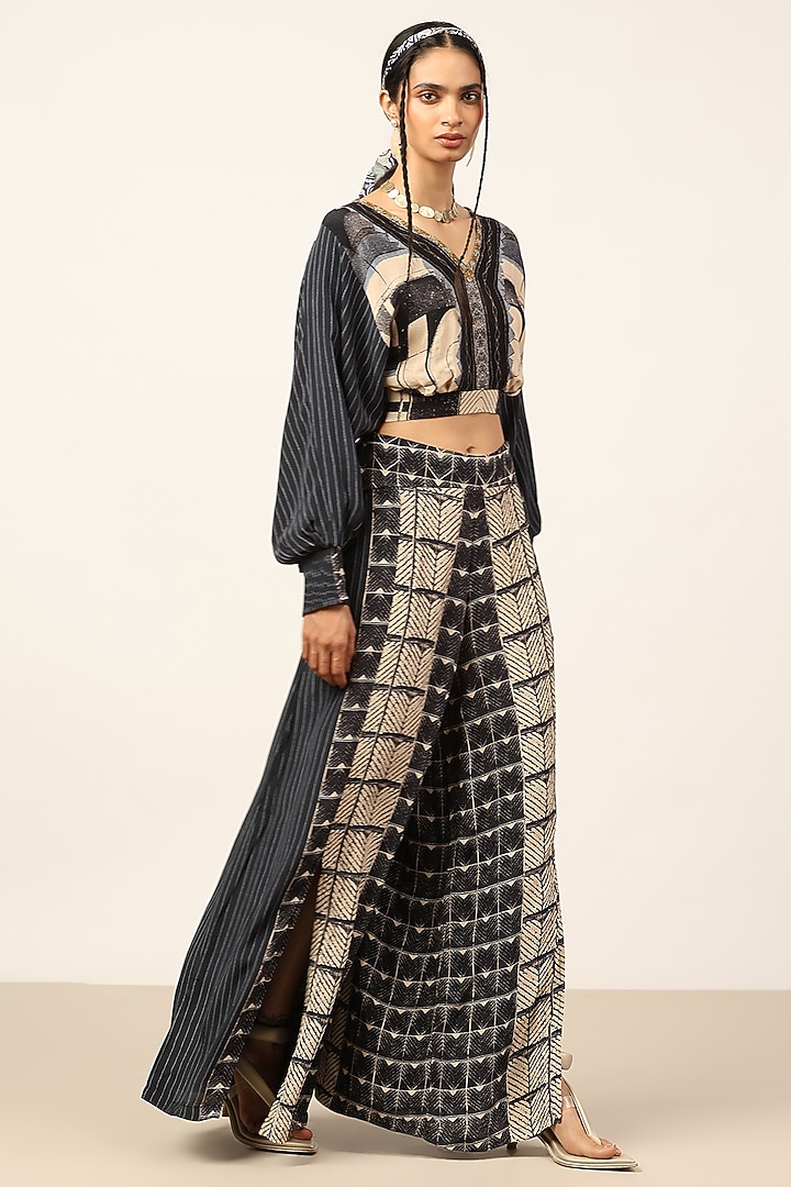 Black & Beige Viscose Printed Palazzo Set by Ritu Kumar at Pernia's Pop Up Shop