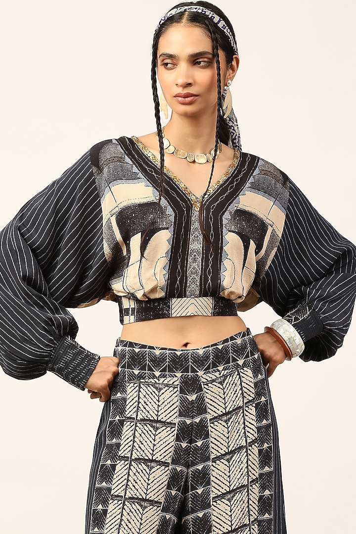 Black & Beige Viscose Printed Palazzo Set by Ritu Kumar at Pernia's Pop Up Shop
