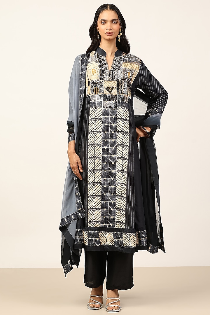 Black & Beige Silk Embroidered Kurta Set by Ritu Kumar at Pernia's Pop Up Shop