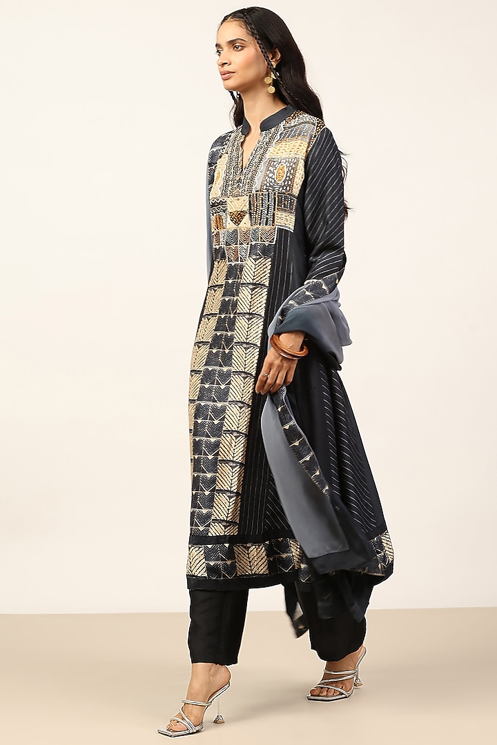 Black & Beige Silk Embroidered Kurta Set by Ritu Kumar at Pernia's Pop Up Shop