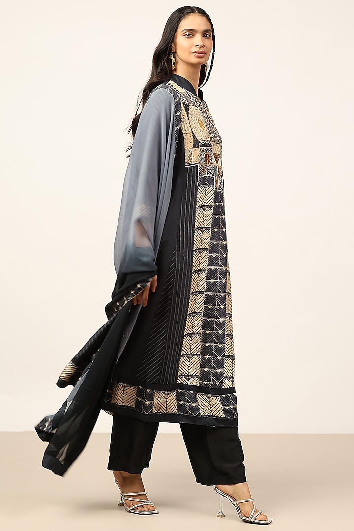 Black & Beige Silk Embroidered Kurta Set by Ritu Kumar at Pernia's Pop Up Shop