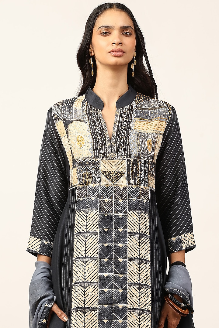Black & Beige Silk Embroidered Kurta Set by Ritu Kumar at Pernia's Pop Up Shop