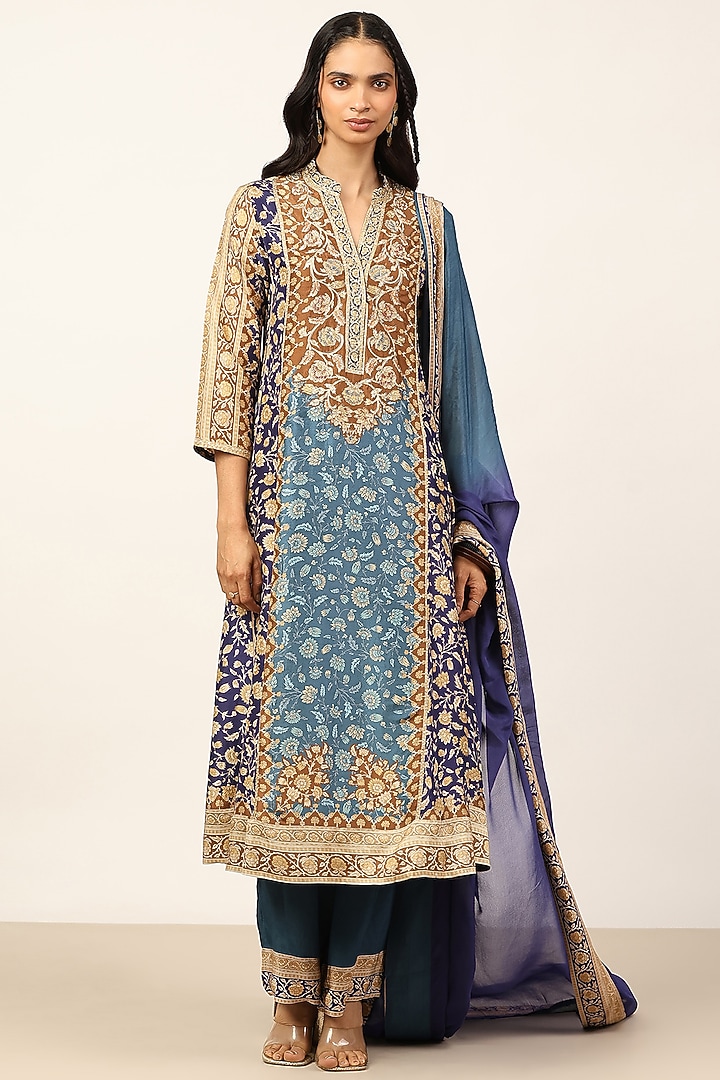 Blue & Multi-Colored Silk Floral Embroidered Kurta Set by Ritu Kumar at Pernia's Pop Up Shop