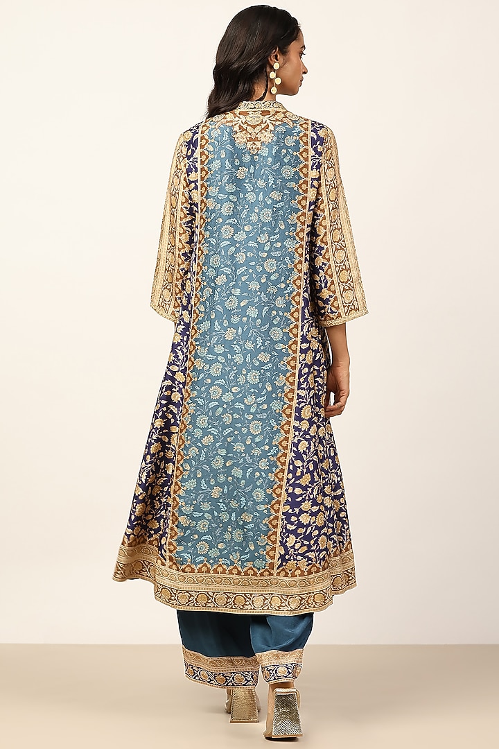Blue & Multi-Colored Silk Floral Embroidered Kurta Set by Ritu Kumar at Pernia's Pop Up Shop