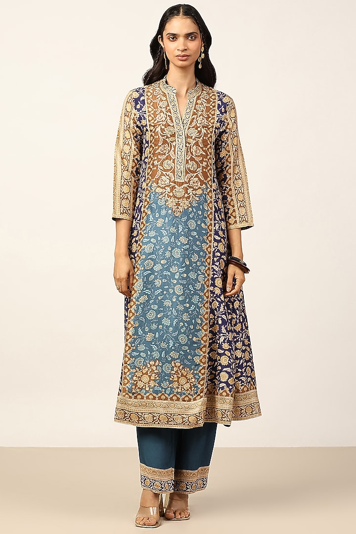 Blue & Multi-Colored Silk Floral Embroidered Kurta Set by Ritu Kumar at Pernia's Pop Up Shop