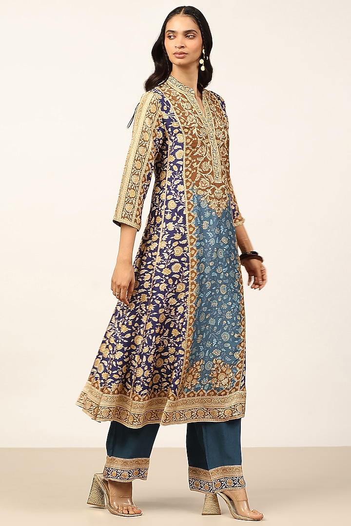 Blue & Multi-Colored Silk Floral Embroidered Kurta Set by Ritu Kumar at Pernia's Pop Up Shop