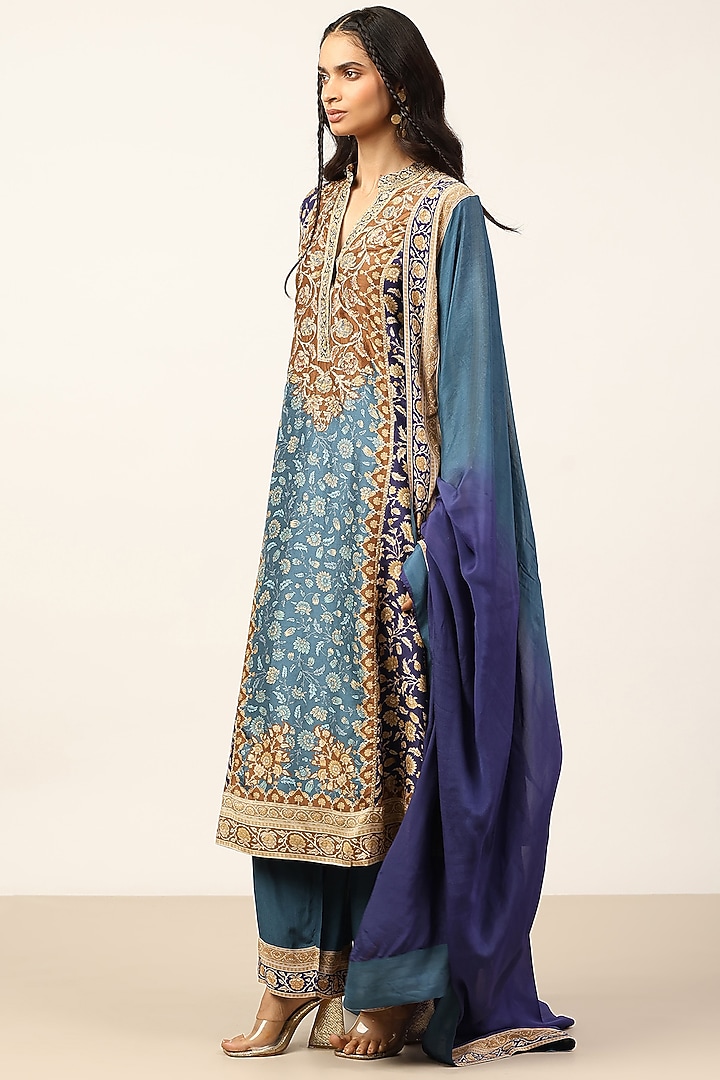 Blue & Multi-Colored Silk Floral Embroidered Kurta Set by Ritu Kumar at Pernia's Pop Up Shop