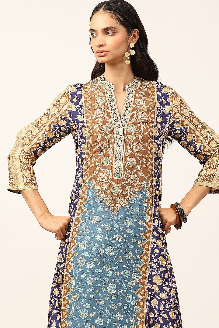 Blue & Multi-Colored Silk Floral Embroidered Kurta Set by Ritu Kumar at Pernia's Pop Up Shop