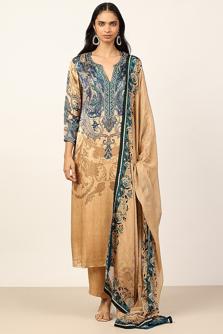 Beige & Indigo Silk Embroidered Kurta Set by Ritu Kumar at Pernia's Pop Up Shop