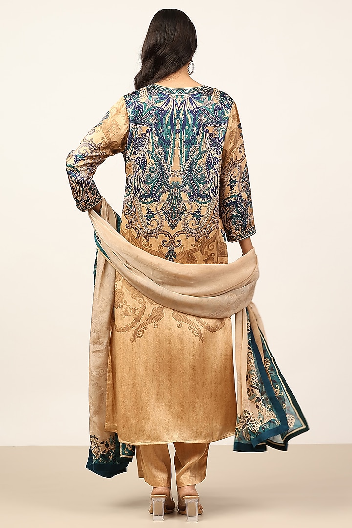 Beige & Indigo Silk Embroidered Kurta Set by Ritu Kumar at Pernia's Pop Up Shop