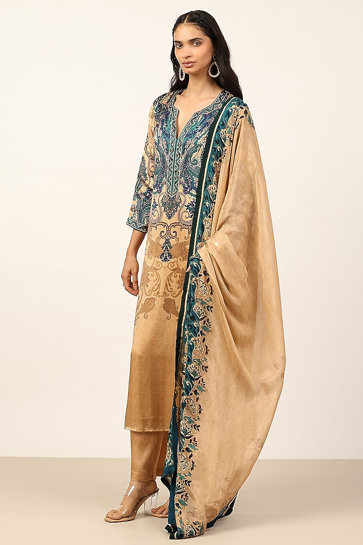 Beige & Indigo Silk Embroidered Kurta Set by Ritu Kumar at Pernia's Pop Up Shop