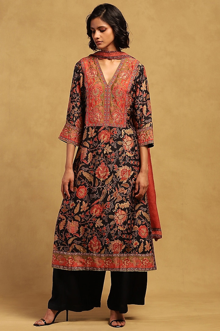 Black & Multi-Colored Silk Embroidered Kurta Set by Ritu Kumar at Pernia's Pop Up Shop
