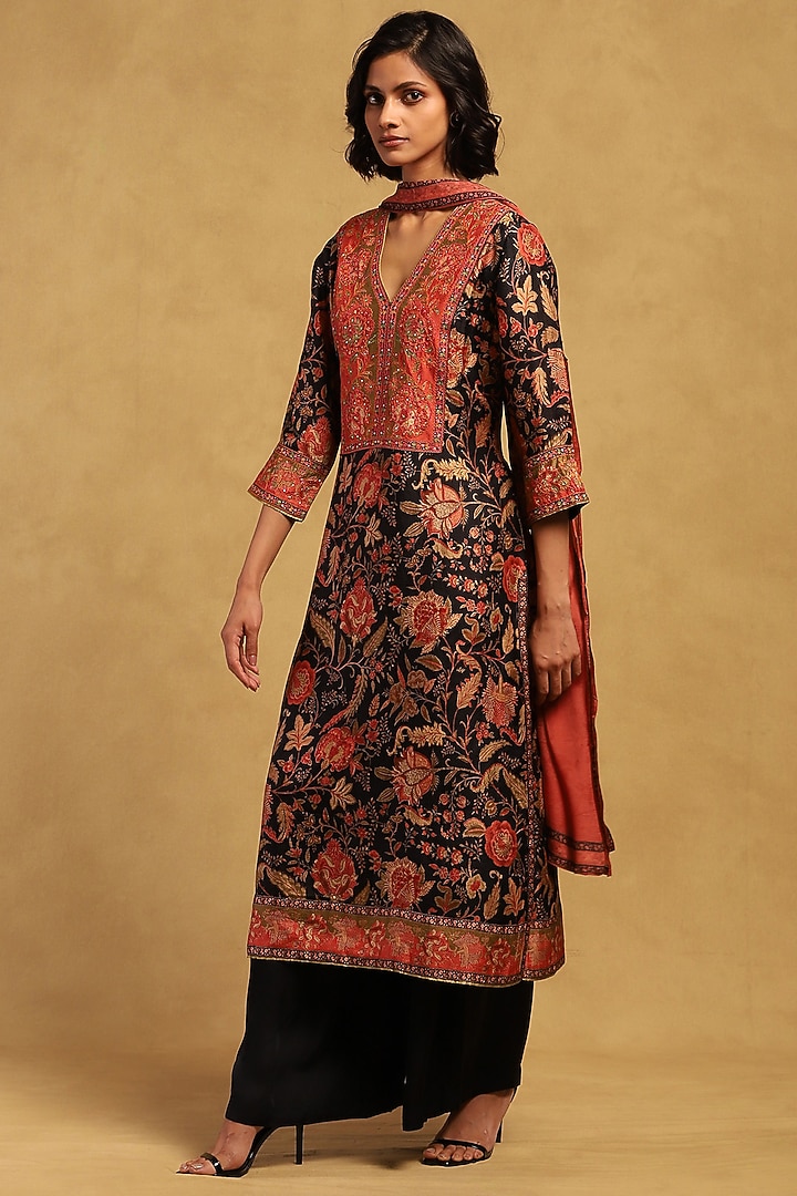 Black & Multi-Colored Silk Embroidered Kurta Set by Ritu Kumar at Pernia's Pop Up Shop