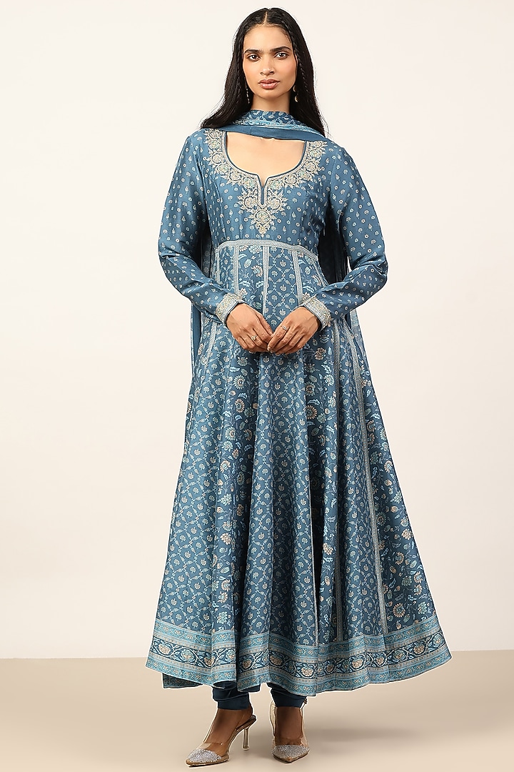 Teal Blue Silk Floral Embroidered Kurta Set by Ritu Kumar at Pernia's Pop Up Shop