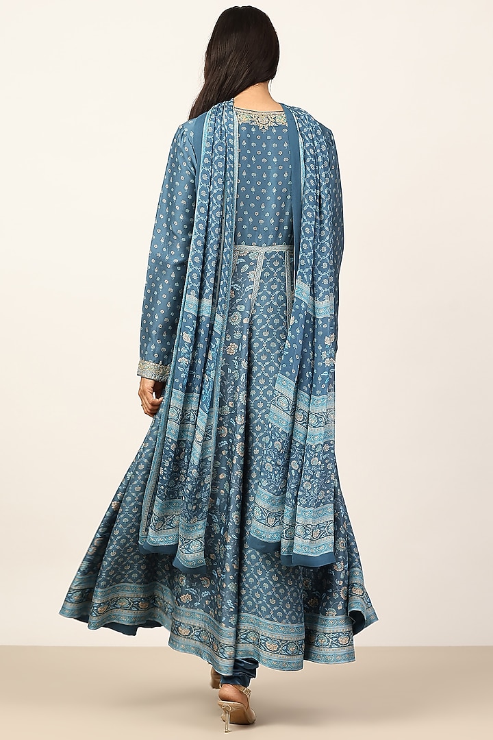 Teal Blue Silk Floral Embroidered Kurta Set by Ritu Kumar at Pernia's Pop Up Shop