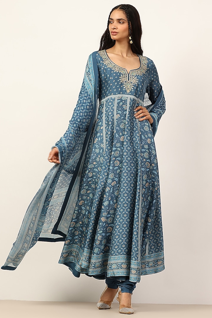 Teal Blue Silk Floral Embroidered Kurta Set by Ritu Kumar at Pernia's Pop Up Shop